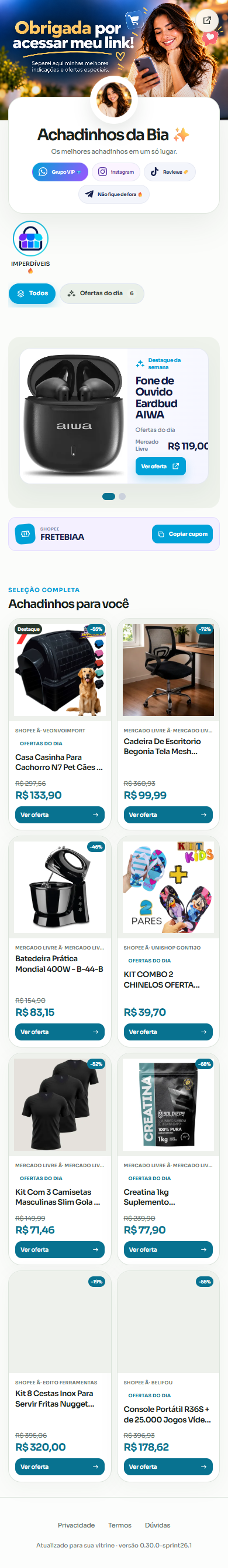 Exemplo de uma página criada na Vitrine